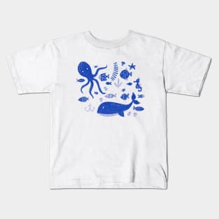Underwater Sea Life Pattern in Cobalt Blue Kids T-Shirt